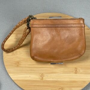 WILL Leather Goods Brown Tan Leather Wristlet Pouch Clutch Zip Top Braided Strap